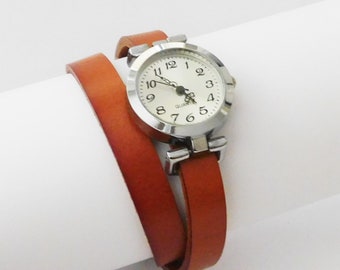 Double wrap watch for women. Women's leather watch. Orange leather watch for women. Leather watch for women by JuSal08