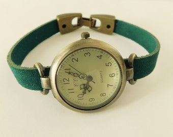 Watch for women with custom size band. Women's watch with turquoise suede band. Vintage style watch. Exclusive design wristwatch by JuSal08.