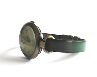 Retro Minimalist Watch:Custom Size Green Leather Band, Bronze Alloy Face