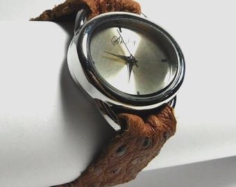 Ostrich Leather Watch: Oval shape Vintage Minimalist Style Custom sized band