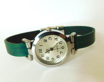 Green leather watch for women. Custom-size; retro minimalist style.