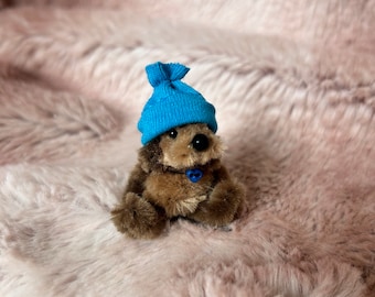 Tiny handmade cute teddy dog in hat and necklace 1.5 inches cute gift, collectible