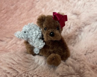 Tiny handmade brown teddy holding even tinier elephant very cute and made to order