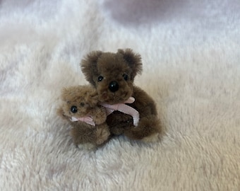 Tiny brown teddy holding their tiny teddy 1.5 inches sitting cute collectible or gift