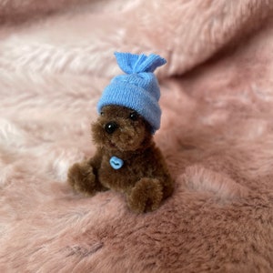 Tiny handmade teddybear in blue hat 1.5 inches posable, collectible