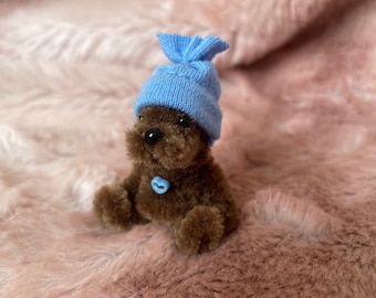 Tiny handmade teddybear in blue hat 1.5 inches posable, collectible