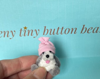 Tiny handmade teddy bear with pink hat 1.5 inches cute gift