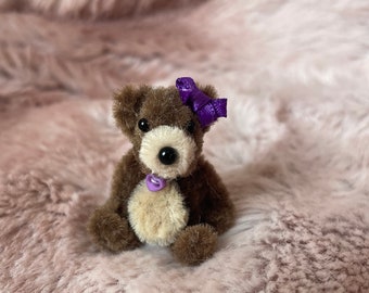 Tiny handmade teddy bear with head bow and necklace 1.5 inches cute collectible