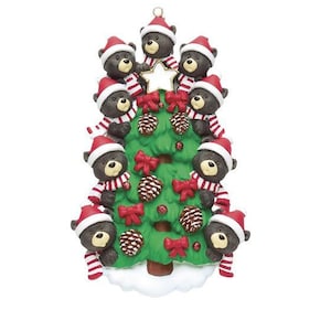 Black Bears on Christmas Tree Family of 9 Personalized Christmas Ornament