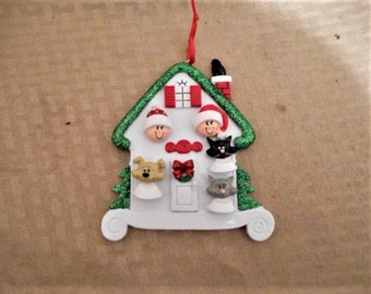 House with Faces and Pets Family of 5 Personalized Christmas Ornament