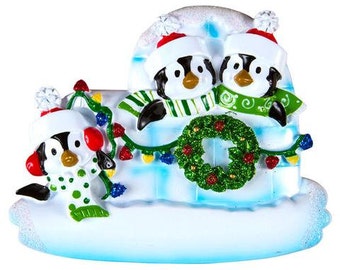 Penguin Igloo Family of 3 Personalized Christmas Ornament