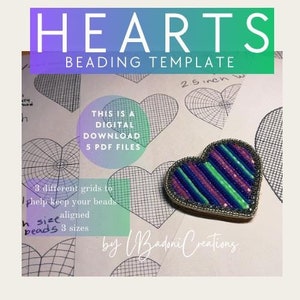 May include: A digital download of 5 PDF files for beading heart templates. The templates include 3 different grids to help keep beads aligned. The image shows a beaded heart with purple, blue, and green stripes.