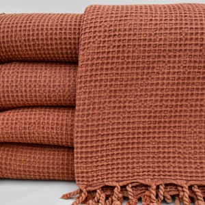 Turkish Blanket,Burnt Orange Blanket,Waffle Blanket,Stone Washed Blanket,72"x95",Turkish Throw,Organic Cotton Blanket,B9-waffleB