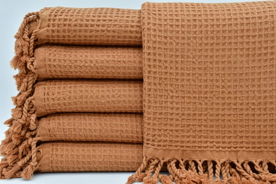 Waffle Design Turkish Towel Peshtemal Hand Towel Set Brown