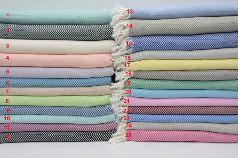 May include: A stack of 25 Turkish towels in various colors and patterns, including light blue, pink, beige, and green. The towels are arranged in a vertical stack, with the numbers 1 through 25 labeled on each towel.