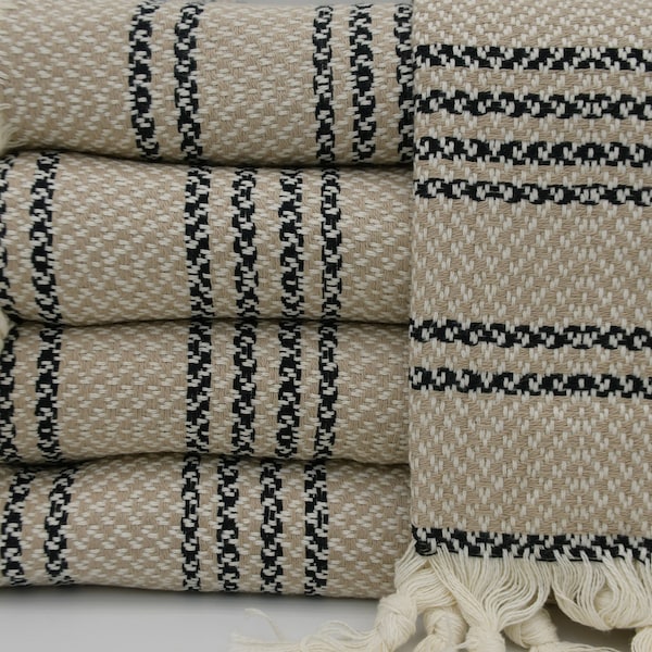Turkish Blanket,Turkish Bedspread,Beige and Black Blanket,Beach Throw,Turkish Towel,Blanket,71"x91",Striped Blanket,Turkish Throw,M2