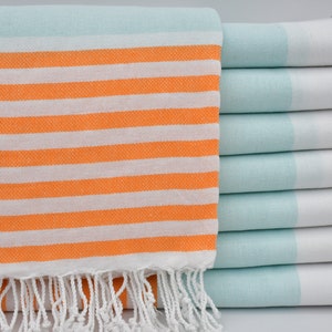 Peshtemal turco, asciugamano decorativo, asciugamano turco, telo da spiaggia, asciugamano turco, asciugamano da bagno biologico, asciugamano arancione e acquamarina, 40"x65", B2-Marin