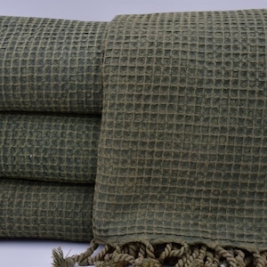 Waffle Blanket,Turkish Blanket,Turkish Bedspread,Waffle Bedspread,Dark Green Blanket,95"x67",Turkish Throw,Stone Washed Blanket,B9-waffleB