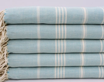 May include: A stack of five light blue and white striped towels with fringe edges.