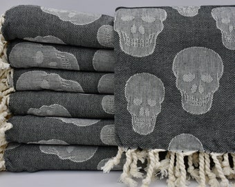 Decorative Towel,Black Towel,Turkish Towel,Turkish Peshtemal,Wholesale Towel,40&quot;x69&quot;,Beach Towel,Bath Towel,Skull Pattern Towel,B1-Kurukafa