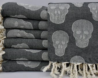 Decorative Towel,Black Towel,Turkish Towel,Turkish Peshtemal,Wholesale Towel,40"x69",Beach Towel,Bath Towel,Skull Pattern Towel,B1-Kurukafa