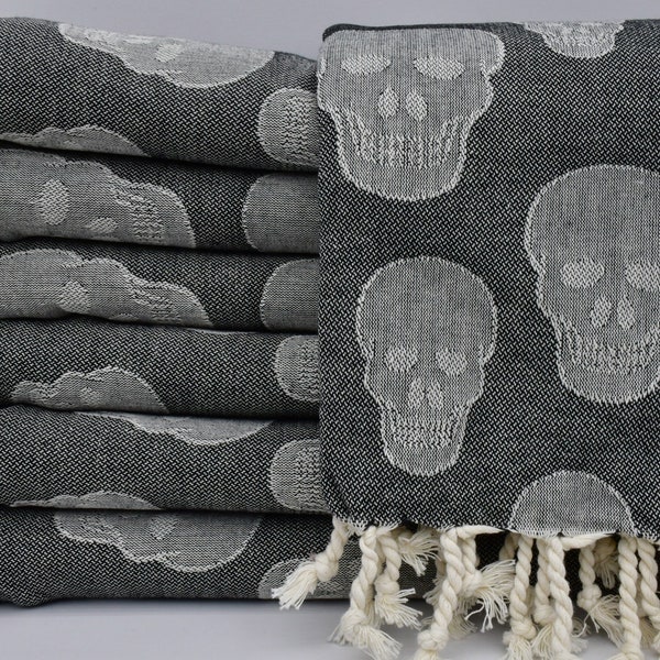 Decorative Towel,Black Towel,Turkish Towel,Turkish Peshtemal,Wholesale Towel,40"x69",Beach Towel,Bath Towel,Skull Pattern Towel,B1-Kurukafa