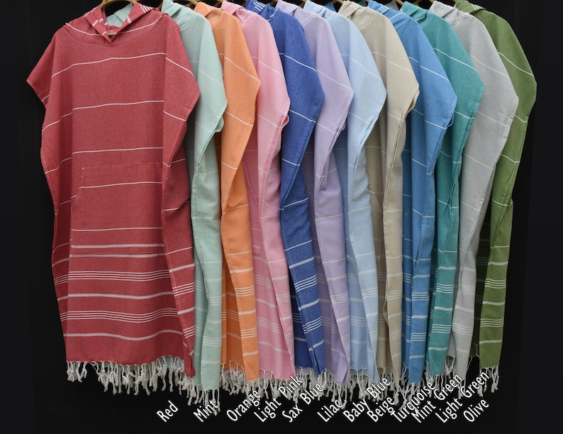 May include: A row of ten hooded towels in various colors, including red, mint, orange, light pink, sax blue, lilac, baby blue, beige, turquoise, mint green, light green, and olive.