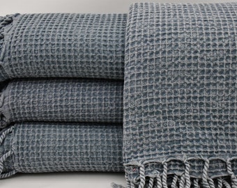 Turkish Blanket,Waffle Blanket,Gray Blanket,Sofa Blanket,Stone Washed Blanket,72"x95",Turkish Throw,Bed Throw Blanket,B9-waffleB