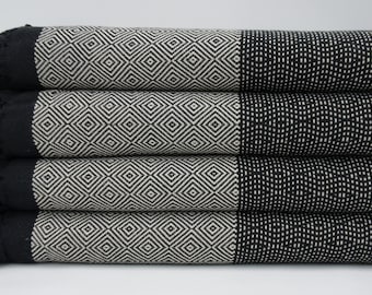 Turkse deken, Turkse sprei, zwart-beige deken, plaid, 79 x 95 inch, katoenen deken, Turkse plaid, strandsprei, dekens, B2-siyahB