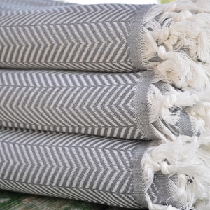 May include: A stack of gray and white striped towels with white fringe. The towels are folded and stacked on top of each other.