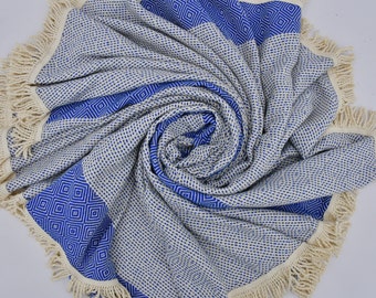 Round Towel,Turkish Towel,Table Throw Towel,Diamond Patterned Towel,Yoga Towel,60"x60",Sax Blue Towel,Picnic Towel,Cotton Towel,B2-yuvarlak