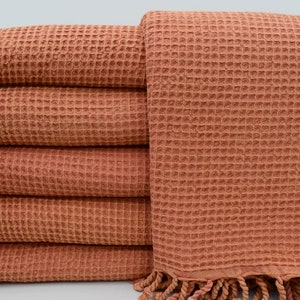 Turkish Blanket,Waffle Blanket,Stone Washed Blanket,72"x95",Burnt Orange Blanket,Handmade Blanket,Turkish Throw,Sofa Blanket,B9-waffleB