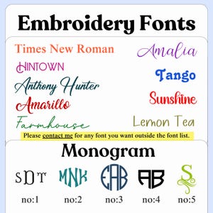 May include: A graphic showing embroidery font options. The fonts are shown in different colors and styles. The text "Embroidery Fonts" is at the top of the image. The text "Monogram" is at the bottom of the image. Five different monogram styles are shown with the numbers 1 through 5.