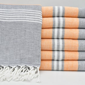 Asciugamano turco, 40"x70", Peshtemal turco, Asciugamano grigio e arancione, Asciugamano hammam, Asciugamano doccia, Asciugamano peshtemal, Asciugamano piscina, Asciugamano spiaggia, B2-soft