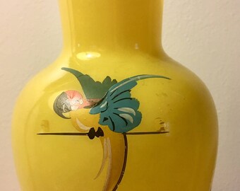 Retro,Shabby Charming and Very Sweet, 6.5" Tall Yellow Glass Vase with Hand Painted Parrot Bird