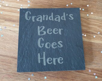 Grandad Coaster Gift - Grandad's Beer Goes Here – Nice Novelty Cute Engraved Slate Mug Cup Coaster Present