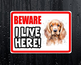 Cocker Spaniel Sticker - Beware I Live Here - Cute House Home Window Door Porch Dog Warning Decal