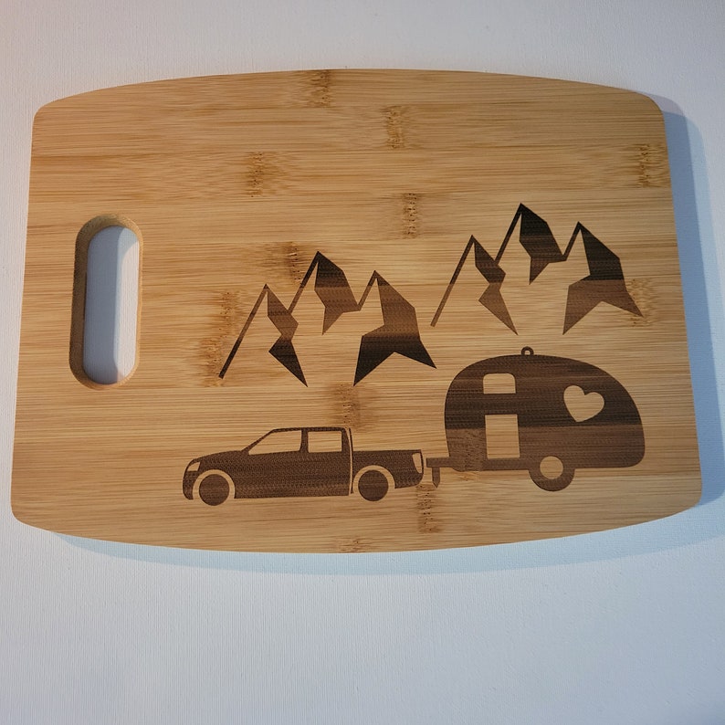 Camping Personalized Bamboo Cutting Board / 13.5 x 9.5 / Engraved Cutting Board / Custom Cutting Board Curve 9 x 11.81 in