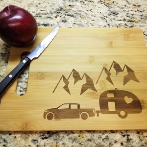 Camping Personalized Bamboo Cutting Board / 13.5 x 9.5 / Engraved Cutting Board / Custom Cutting Board Handle 13.5 x 9.5 in