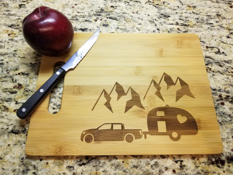 Camping Personalized Bamboo Cutting Board / 13.5 x 9.5 / Engraved Cutting Board / Custom Cutting Board Handle 13.5 x 9.5 in