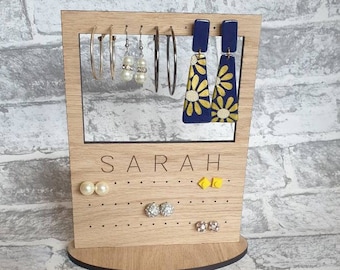 Personalised wooden earrings stand for studs and dangle and hoops. Perfect gift mum sister auntie wife
