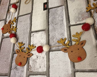 Christmas Garland bunting glittery reindeer and RED felt pom poms 120cm in length. Festive bunting and hand painted