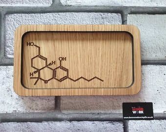 Small Rolling tray tobacco engraved with THC molecule.