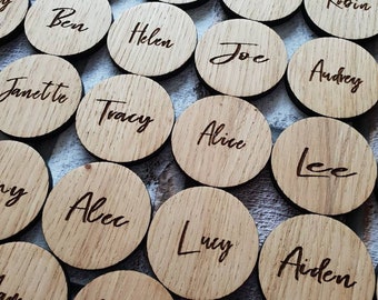 Wedding party name place settings wooden with fridge magnet backing