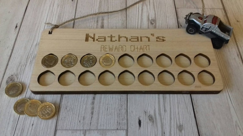 Wooden personalised reward chart, pocket money. Personalised & Holds pound coins image 4