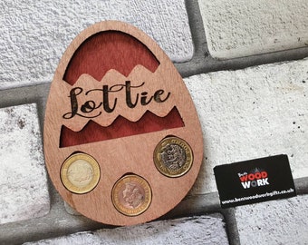 Wooden personalised easter egg gift. Coin holder for pocket money. Happy easter! Alternative to chocolate. Isolation quarantine easter