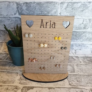 Wooden personalised jewellery stud earring stand. Laser engraved with your name