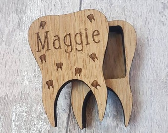 Tooth fairy coin holder wooden box personalised with your name. Molar shaped wooden box