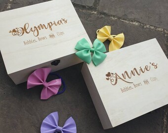 Hair Bow Bobble Clip and headband storage box personalised with any name. Large wooden storage box