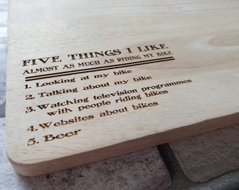 Bike biker gift. Chopping board 5 things I love about bikes. Fathers day gift